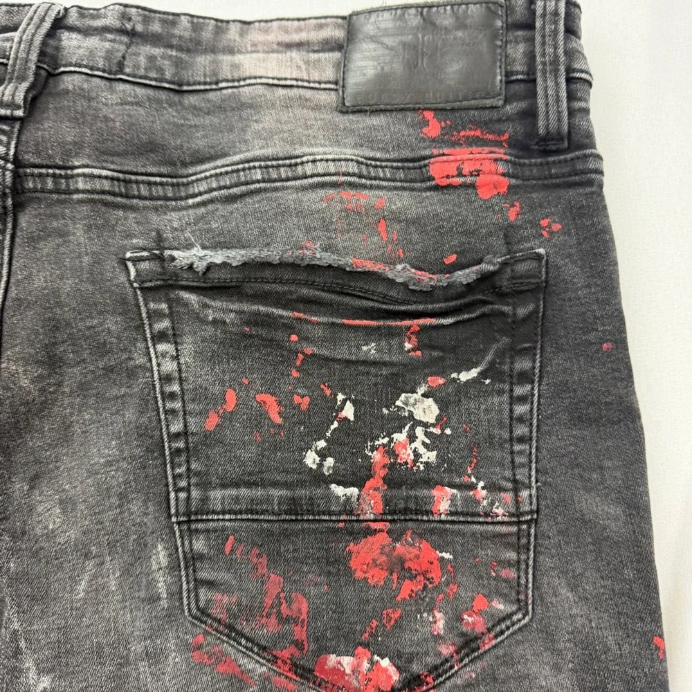 Jordan Craig Ross Fit Jeans Mens 38x33 Black Distressed Red Paint Splatter JR101